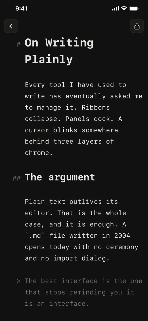 The Indenta editor on iPhone with a document open