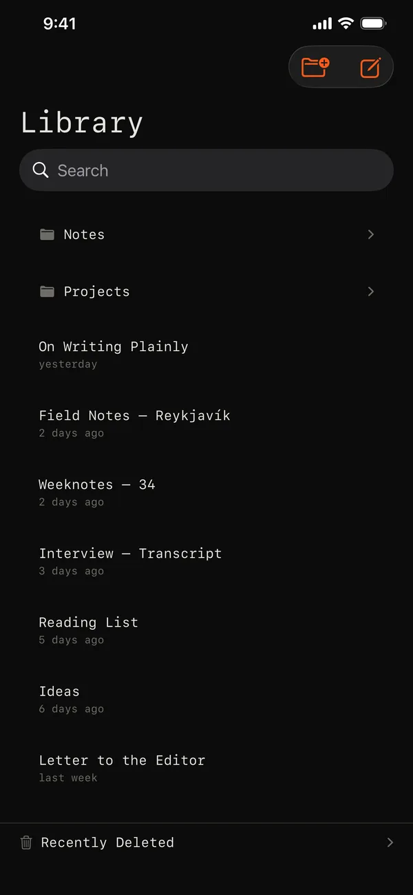 The Indenta library on iPhone, listing documents by date