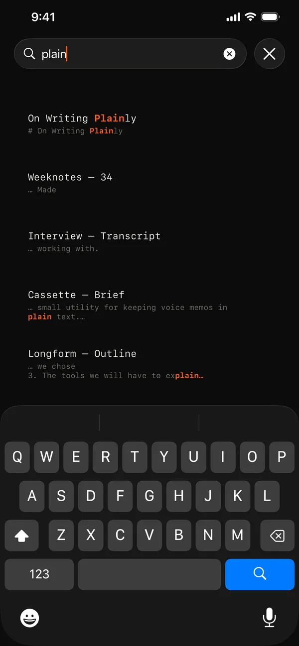 Search results on iPhone with the matched word highlighted