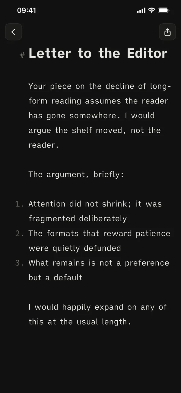 The Indenta editor on iPhone in dark mode
