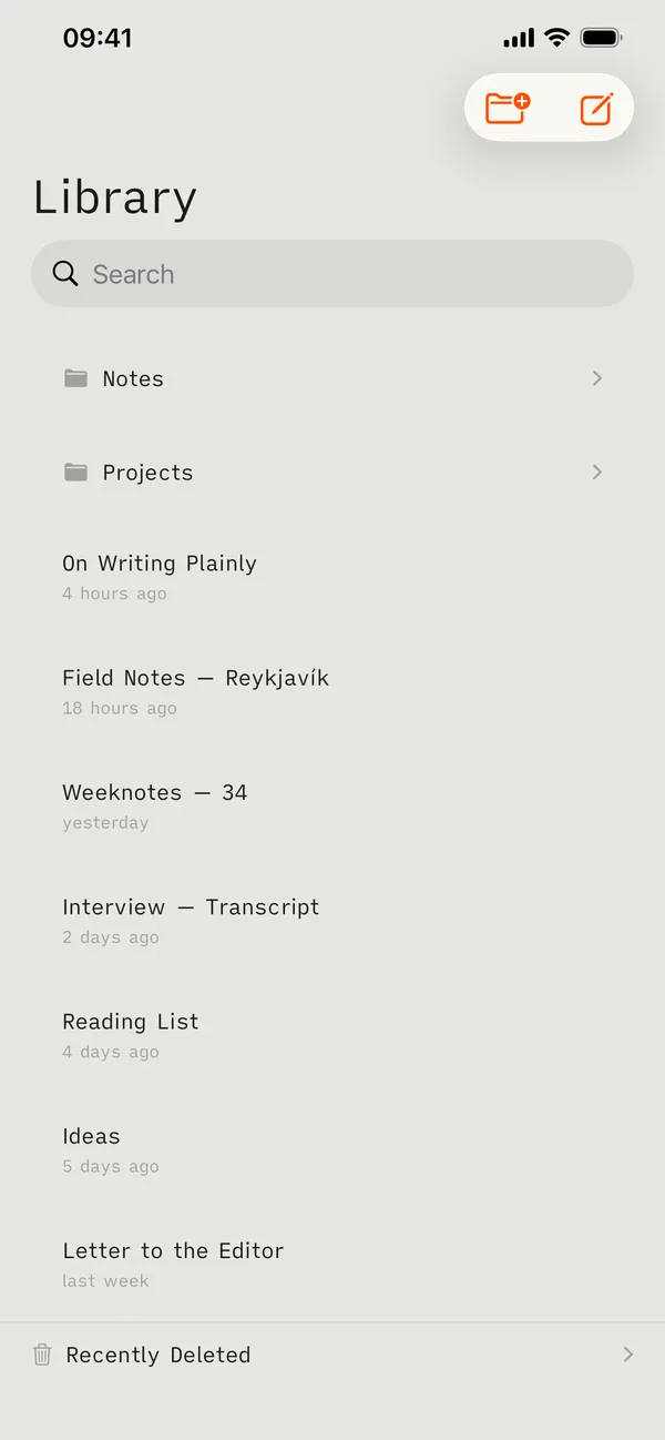 The Indenta library on iPhone, listing documents by date