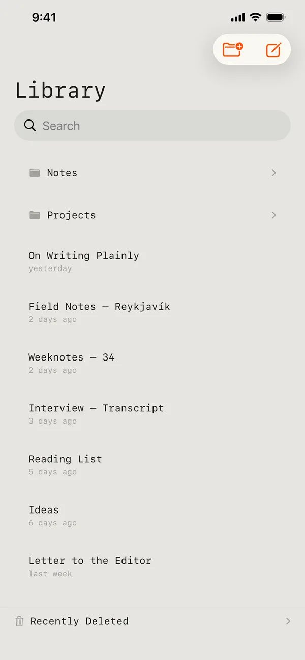 The Indenta library on iPhone, listing documents by date