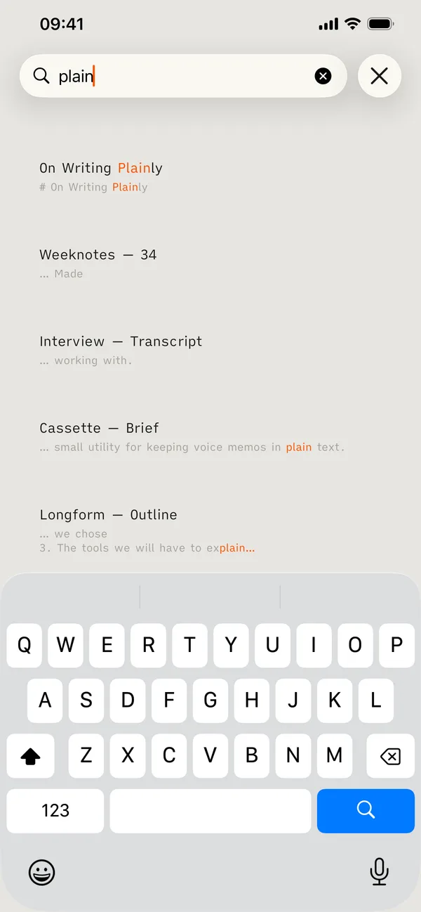 Search results on iPhone with the matched word highlighted
