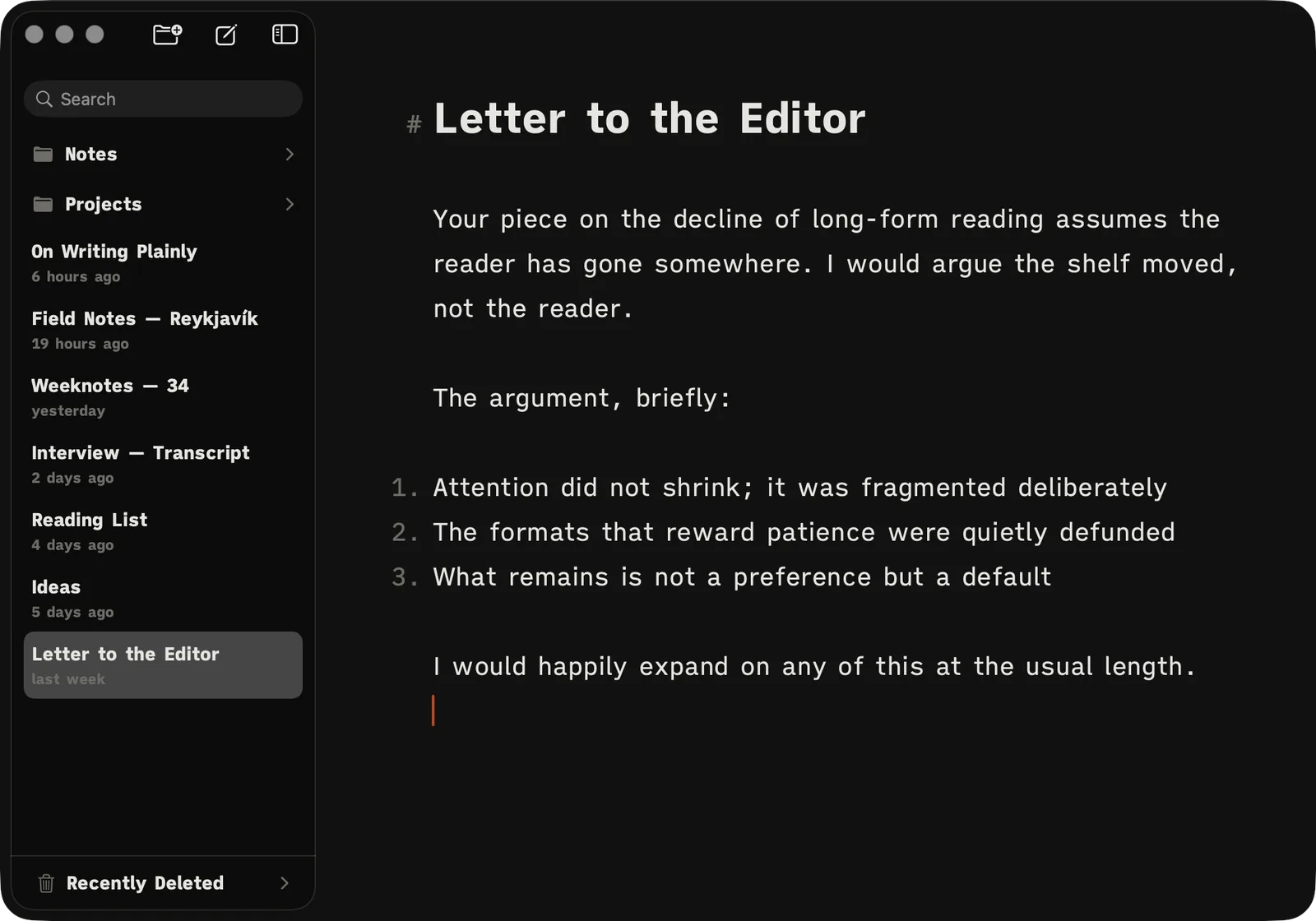 Indenta on the Mac: the library sidebar beside a document open in the editor