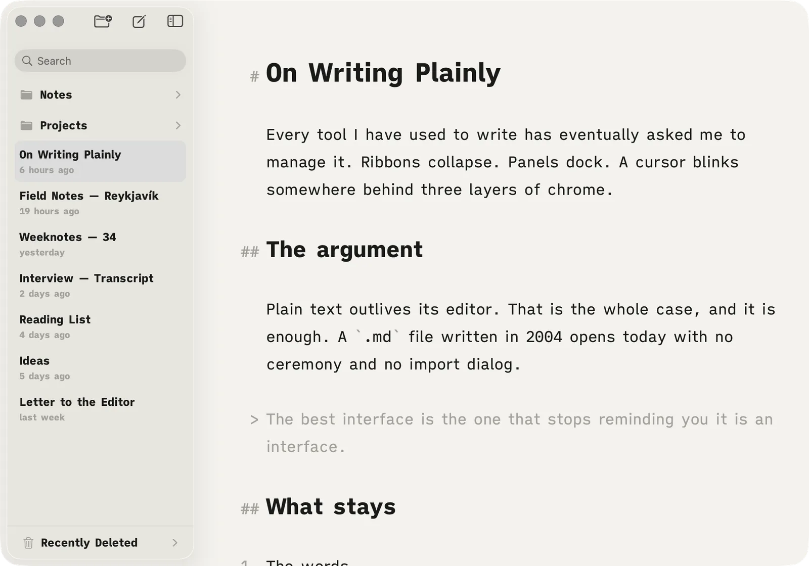 Indenta on the Mac: the library sidebar beside a document open in the editor
